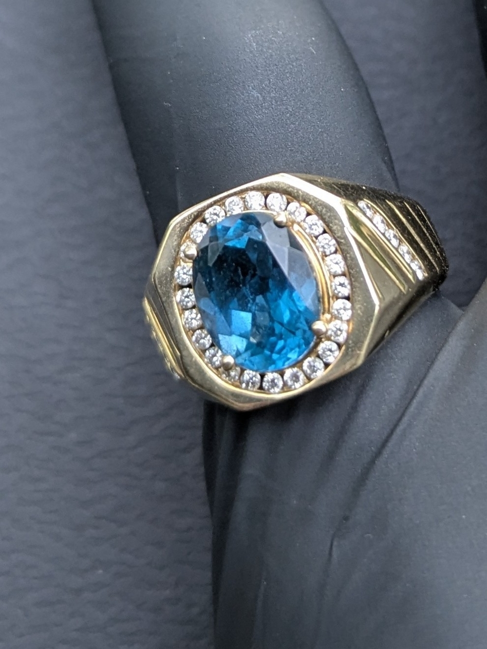 Helzberg Diamonds Gold Ring with Blue Center Stone and Halo - Picture 2 of 12